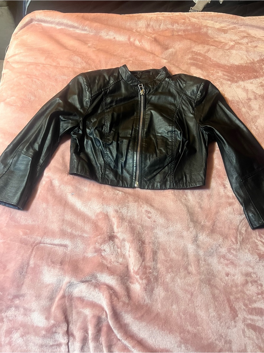 bebe Black Cropped Leather Zip-Front Jacket